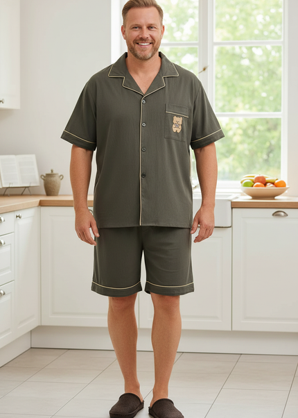 Herren Sommer Schlafanzug mit Knopfleiste - Olivgrün - Ansicht 1