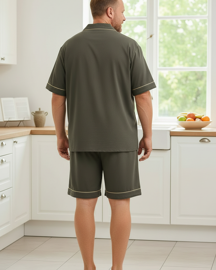 Herren Sommer Schlafanzug mit Knopfleiste - Olivgrün - Ansicht 2