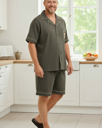 Herren Sommer Schlafanzug mit Knopfleiste - Olivgrün - Ansicht 3