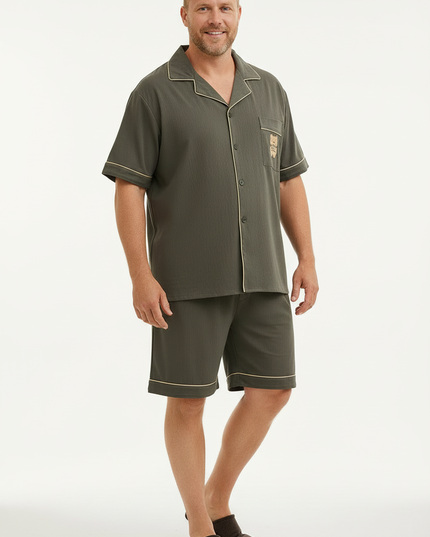 Herren Sommer Schlafanzug mit Knopfleiste - Olivgrün - Ansicht 5