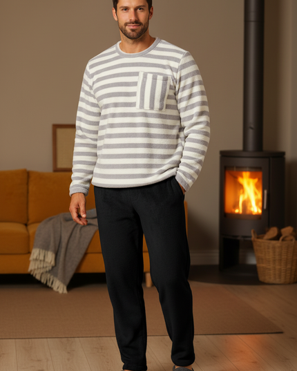 Plüsch Schlafanzug Herren - Fleece, grau-weiß gestreift - Ansicht 1