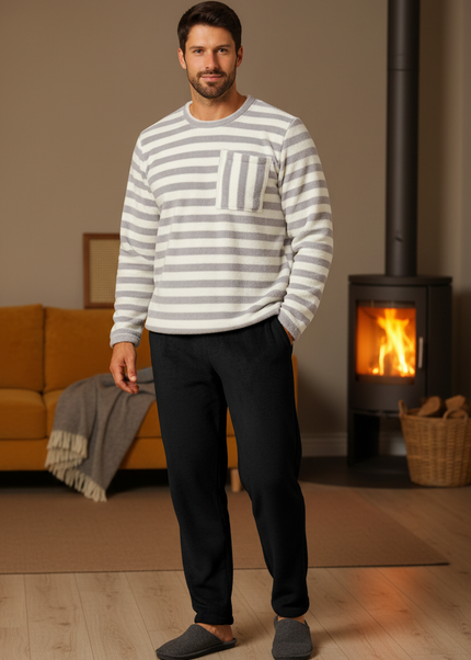 Plüsch Schlafanzug Herren - Fleece, grau-weiß gestreift - Ansicht 1