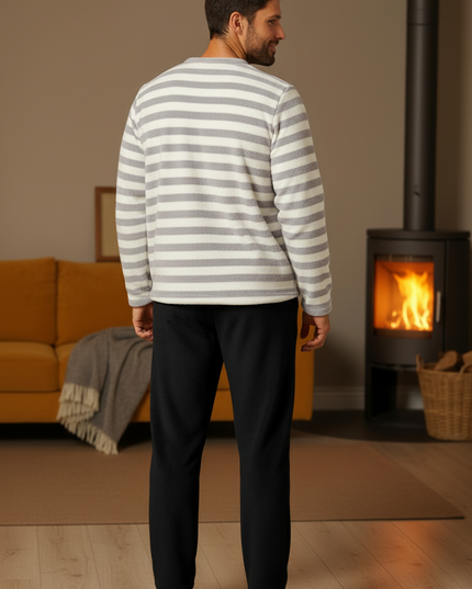 Plüsch Schlafanzug Herren - Fleece, grau-weiß gestreift - Ansicht 2