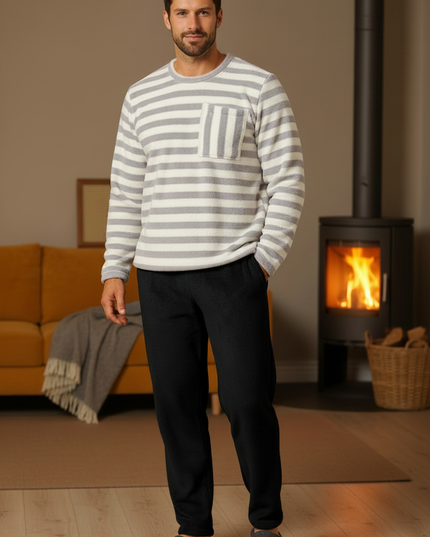 Plüsch Schlafanzug Herren - Fleece, grau-weiß gestreift - Ansicht 3