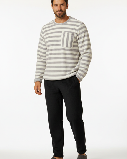Plüsch Schlafanzug Herren - Fleece, grau-weiß gestreift - Ansicht 5