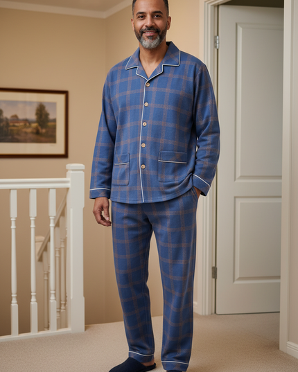 Pyjama Herren kariert: Blau-brauner Langarm-Schlafanzug - Ansicht 1