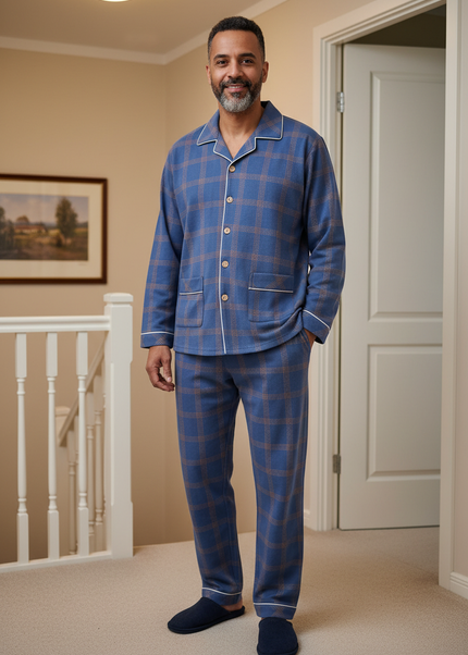 Pyjama Herren kariert: Blau-brauner Langarm-Schlafanzug - Ansicht 1