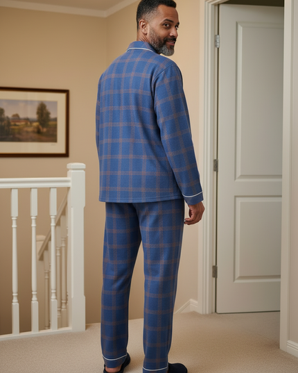Pyjama Herren kariert: Blau-brauner Langarm-Schlafanzug - Ansicht 2