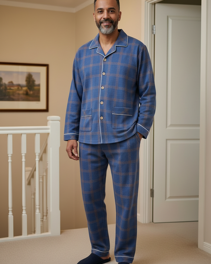 Pyjama Herren kariert: Blau-brauner Langarm-Schlafanzug - Ansicht 3