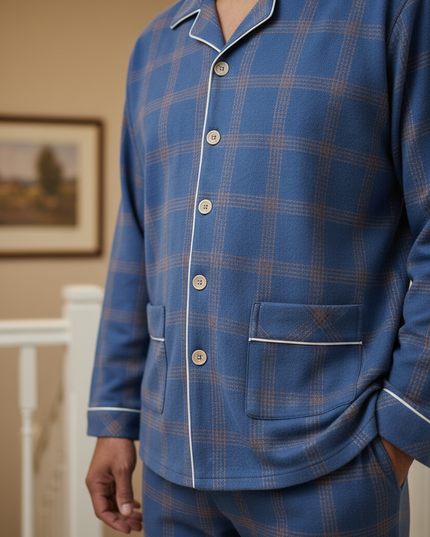 Pyjama Herren kariert: Blau-brauner Langarm-Schlafanzug - Ansicht 4