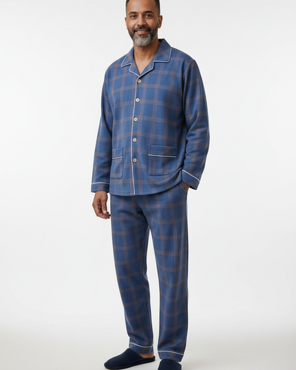 Pyjama Herren kariert: Blau-brauner Langarm-Schlafanzug - Ansicht 5