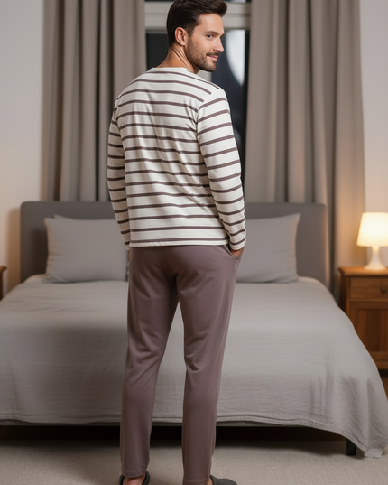 Pyjama Herren Motiv - weiß-braun gestreift mit Teddybär - Ansicht 1