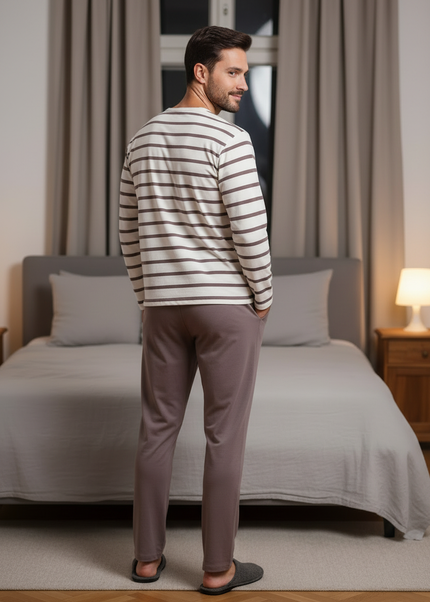 Pyjama Herren Motiv - weiß-braun gestreift mit Teddybär - Ansicht 1