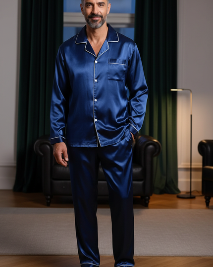 Pyjama Herren XXXL: blauer Satin-Schlafanzug lang - Ansicht 1