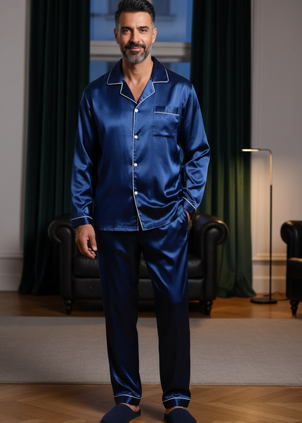 Pyjama Herren XXXL: blauer Satin-Schlafanzug lang - Ansicht 1