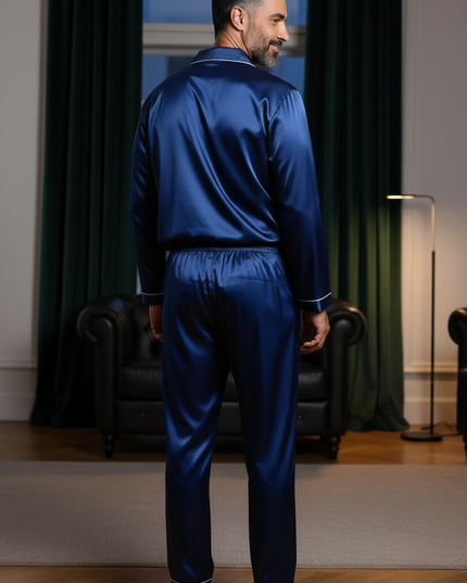 Pyjama Herren XXXL: blauer Satin-Schlafanzug lang - Ansicht 2