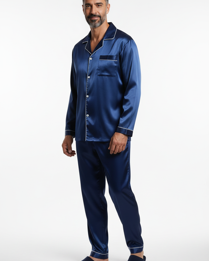 Pyjama Herren XXXL: blauer Satin-Schlafanzug lang - Ansicht 5