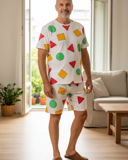 Pyjama kurz Herren Weiß: Baumwolle mit Rundhals und Muster - Ansicht 1