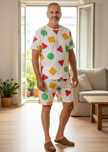 Pyjama kurz Herren Weiß: Baumwolle mit Rundhals und Muster - Ansicht 1