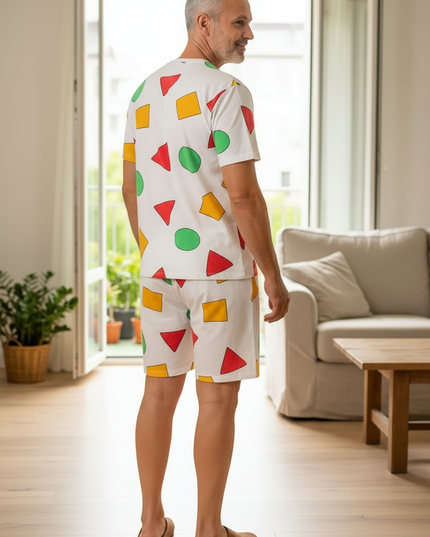 Pyjama kurz Herren Weiß: Baumwolle mit Rundhals und Muster - Ansicht 2
