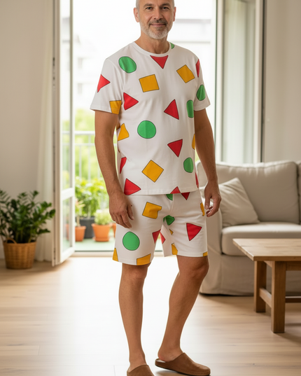 Pyjama kurz Herren Weiß: Baumwolle mit Rundhals und Muster - Ansicht 3