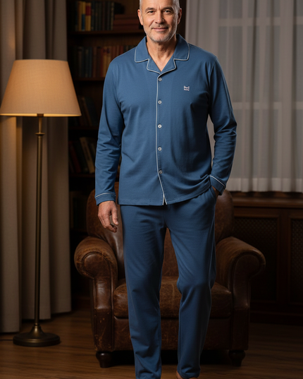 Pyjama mit Knopfleiste Baumwolle - blau mit Paspel - Ansicht 1