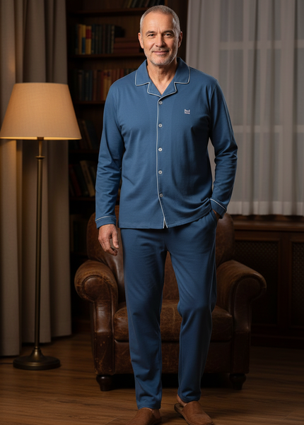 Pyjama mit Knopfleiste Baumwolle - blau mit Paspel - Ansicht 1