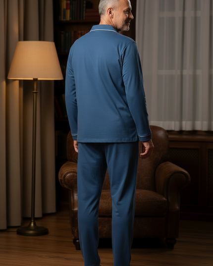 Pyjama mit Knopfleiste Baumwolle - blau mit Paspel - Ansicht 2