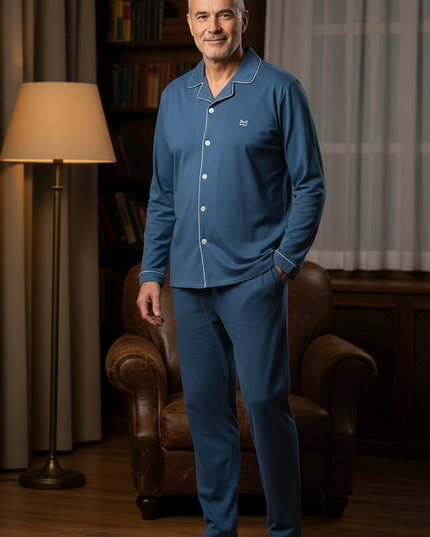 Pyjama mit Knopfleiste Baumwolle - blau mit Paspel - Ansicht 3