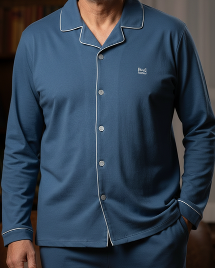 Pyjama mit Knopfleiste Baumwolle - blau mit Paspel - Ansicht 4