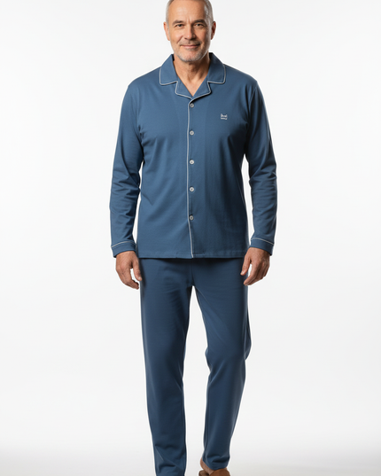 Pyjama mit Knopfleiste Baumwolle - blau mit Paspel - Ansicht 5