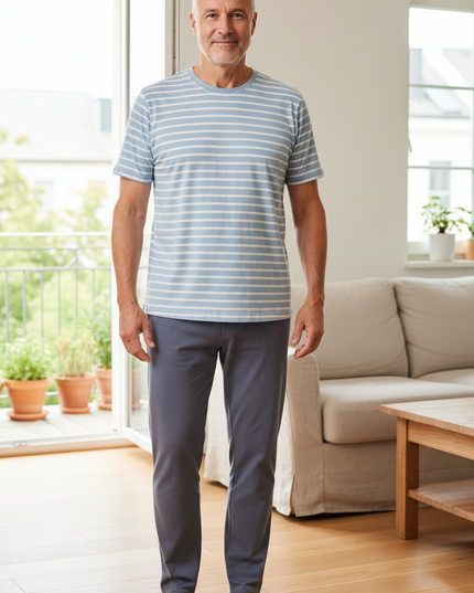 Pyjama Oberteil Herren Kurzarm - hellblau gestreift - Ansicht 1