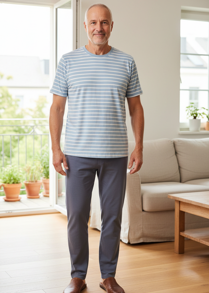 Pyjama Oberteil Herren Kurzarm - hellblau gestreift - Ansicht 1