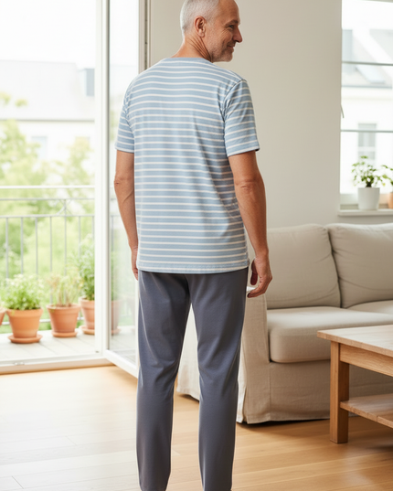 Pyjama Oberteil Herren Kurzarm - hellblau gestreift - Ansicht 2