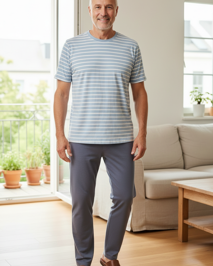 Pyjama Oberteil Herren Kurzarm - hellblau gestreift - Ansicht 3