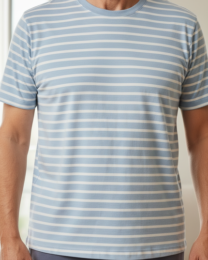 Pyjama Oberteil Herren Kurzarm - hellblau gestreift - Ansicht 4