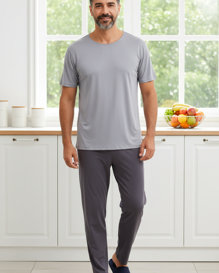Pyjama Shirt Herren: graues Kurzarm-Schlafshirt aus Ice Silk - Ansicht 1