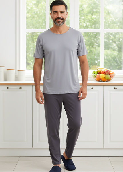 Pyjama Shirt Herren: graues Kurzarm-Schlafshirt aus Ice Silk - Ansicht 1