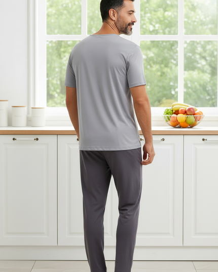 Pyjama Shirt Herren: graues Kurzarm-Schlafshirt aus Ice Silk - Ansicht 2