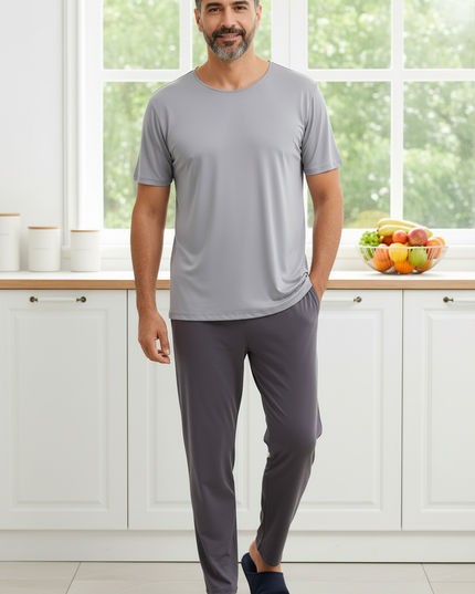 Pyjama Shirt Herren: graues Kurzarm-Schlafshirt aus Ice Silk - Ansicht 3