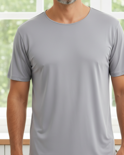 Pyjama Shirt Herren: graues Kurzarm-Schlafshirt aus Ice Silk - Ansicht 4
