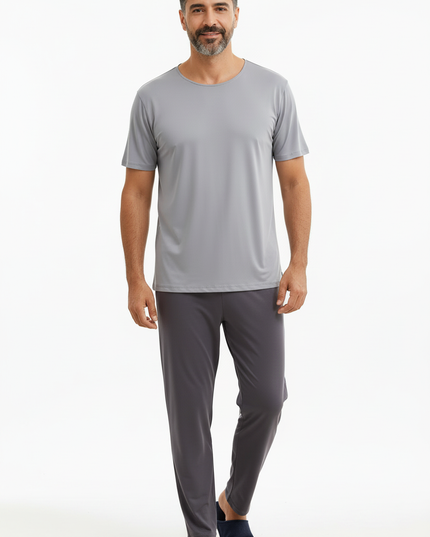 Pyjama Shirt Herren: graues Kurzarm-Schlafshirt aus Ice Silk - Ansicht 5