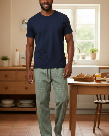 Pyjamahose Herren lang: grün kariert mit Kordelzug - Ansicht 3