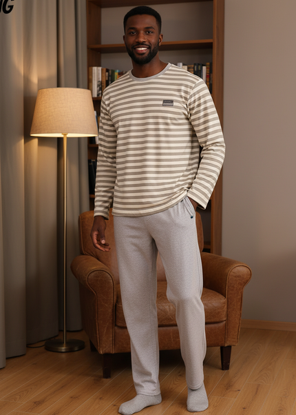 Schlafanzug gestreift XXXL - beige-weiß, langarm - Ansicht 1