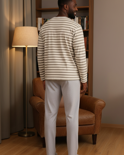 Schlafanzug gestreift XXXL - beige-weiß, langarm - Ansicht 2