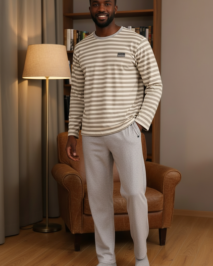 Schlafanzug gestreift XXXL - beige-weiß, langarm - Ansicht 3