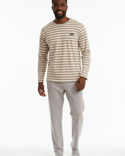 Schlafanzug gestreift XXXL - beige-weiß, langarm - Ansicht 5