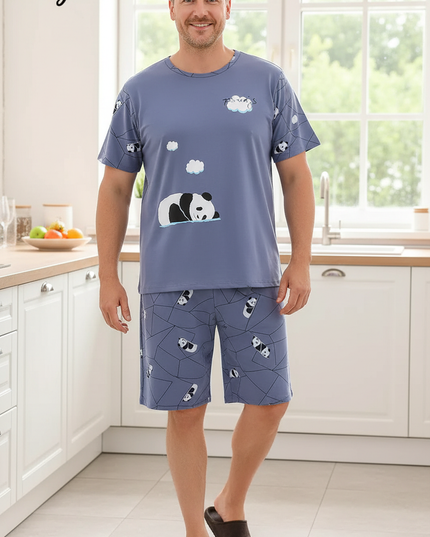 Schlafanzug Herren kurz lustig mit Panda-Print - Ansicht 1