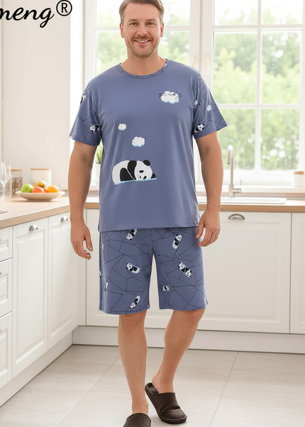 Schlafanzug Herren kurz lustig mit Panda-Print - Ansicht 1