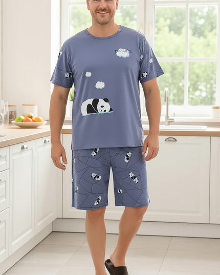 Schlafanzug Herren kurz lustig mit Panda-Print - Ansicht 3